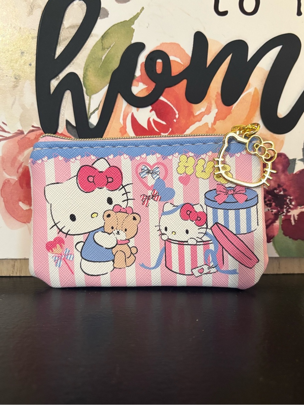 Hello Kitty Pink and Blue Striped Kids Coin Purse with Gold Charm